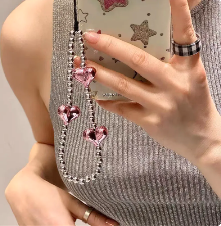Y2K METALLIC PINK HEART SILVER PHONE STRAP