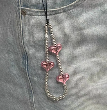 Y2K METALLIC PINK HEART SILVER PHONE STRAP