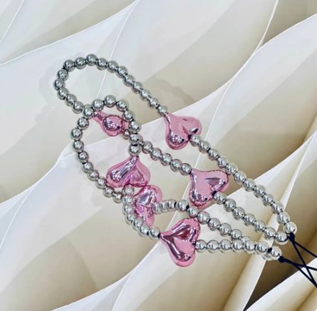 Y2K METALLIC PINK HEART SILVER PHONE STRAP