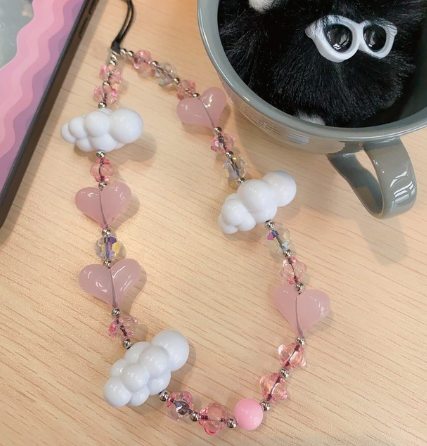 CLOUD PINK CRYSTAL BEADED PHONE STRAP